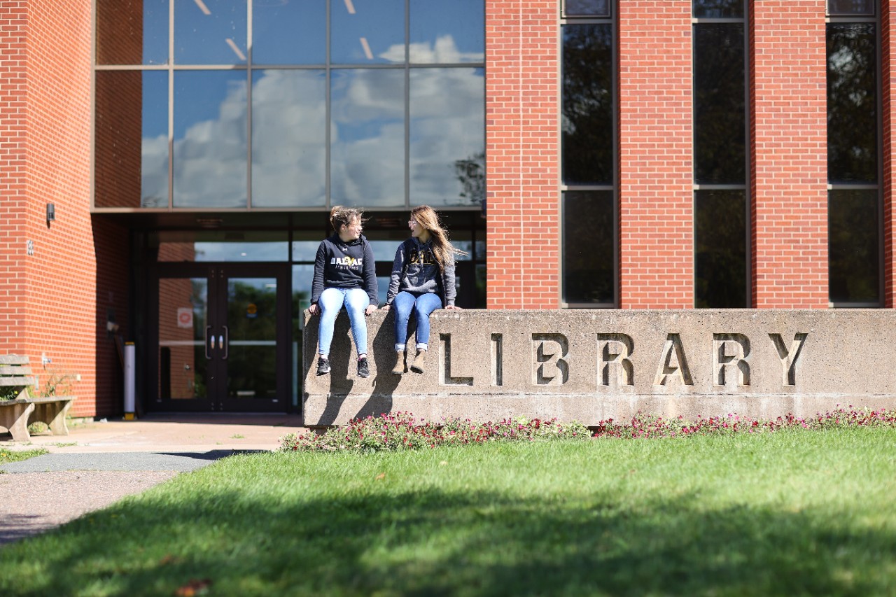 Two students sit on a large stone sign that says LIBRARY outside a red brick building. 
