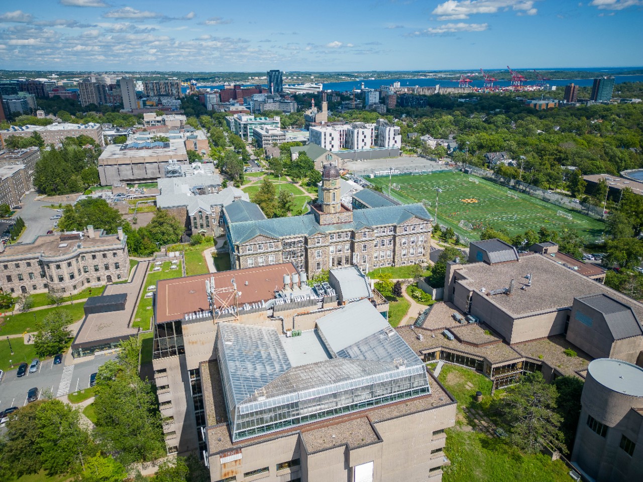 Aerial photograph of Dal's Studley campus including the LSC, Henry Hicks Building, and Wickwire Field.