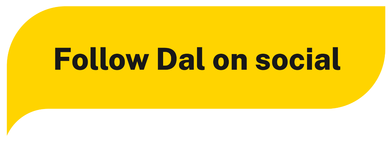 'Follow Dal on social' is written in bold font on a yellow background.