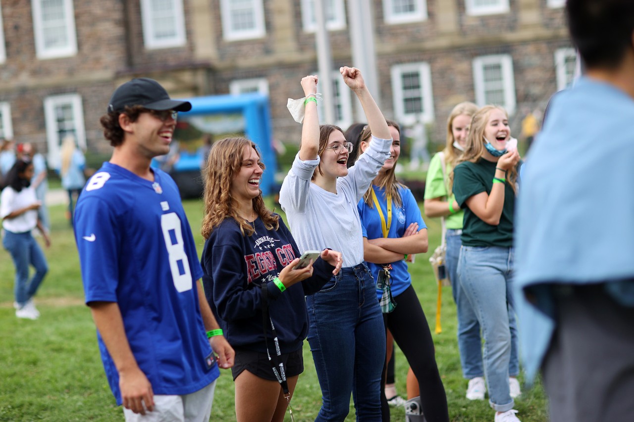 Students cheering at Studley Campus Orientation 2021