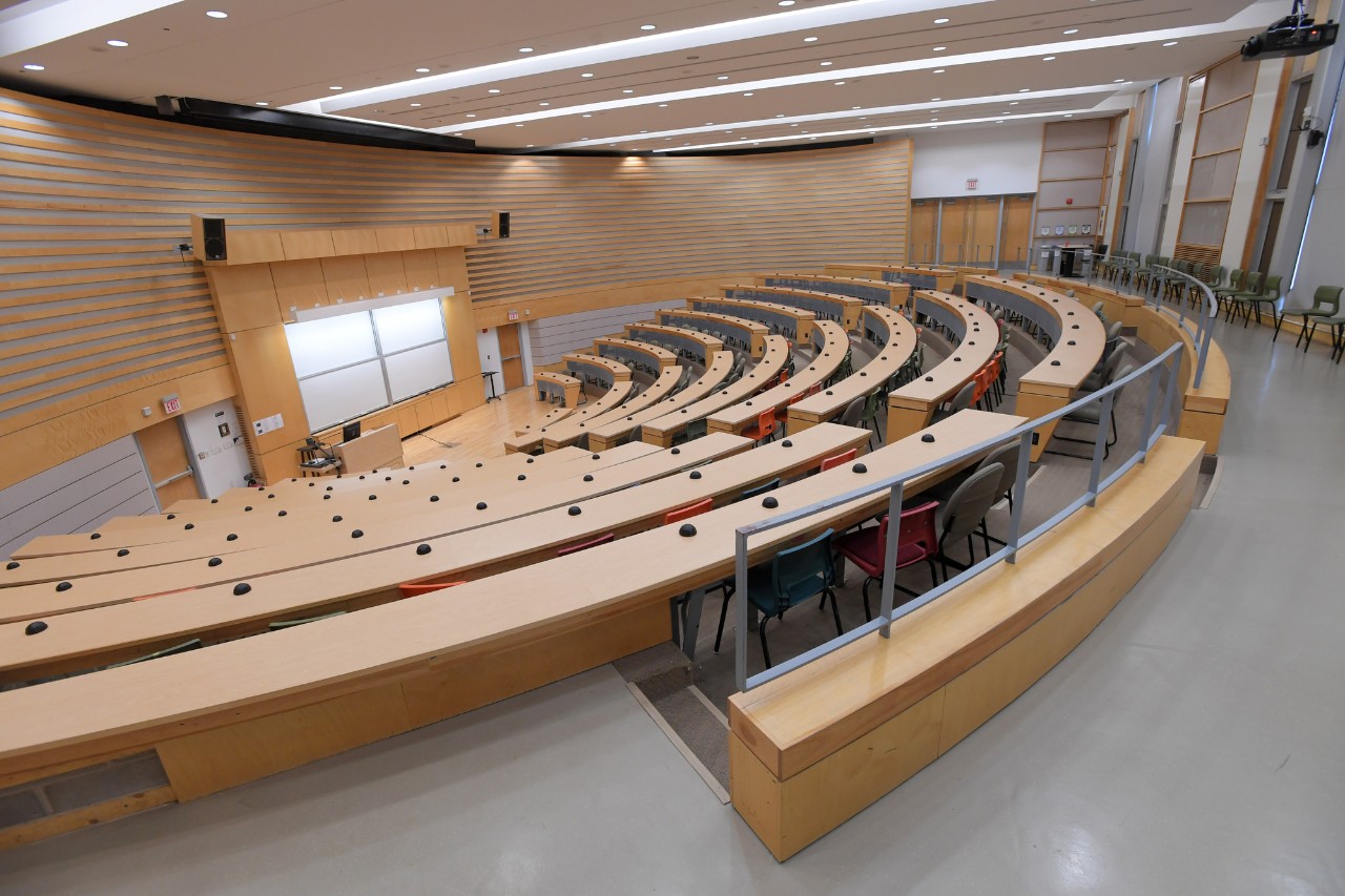 An empty theatre-style classroom at Dalhousie University.