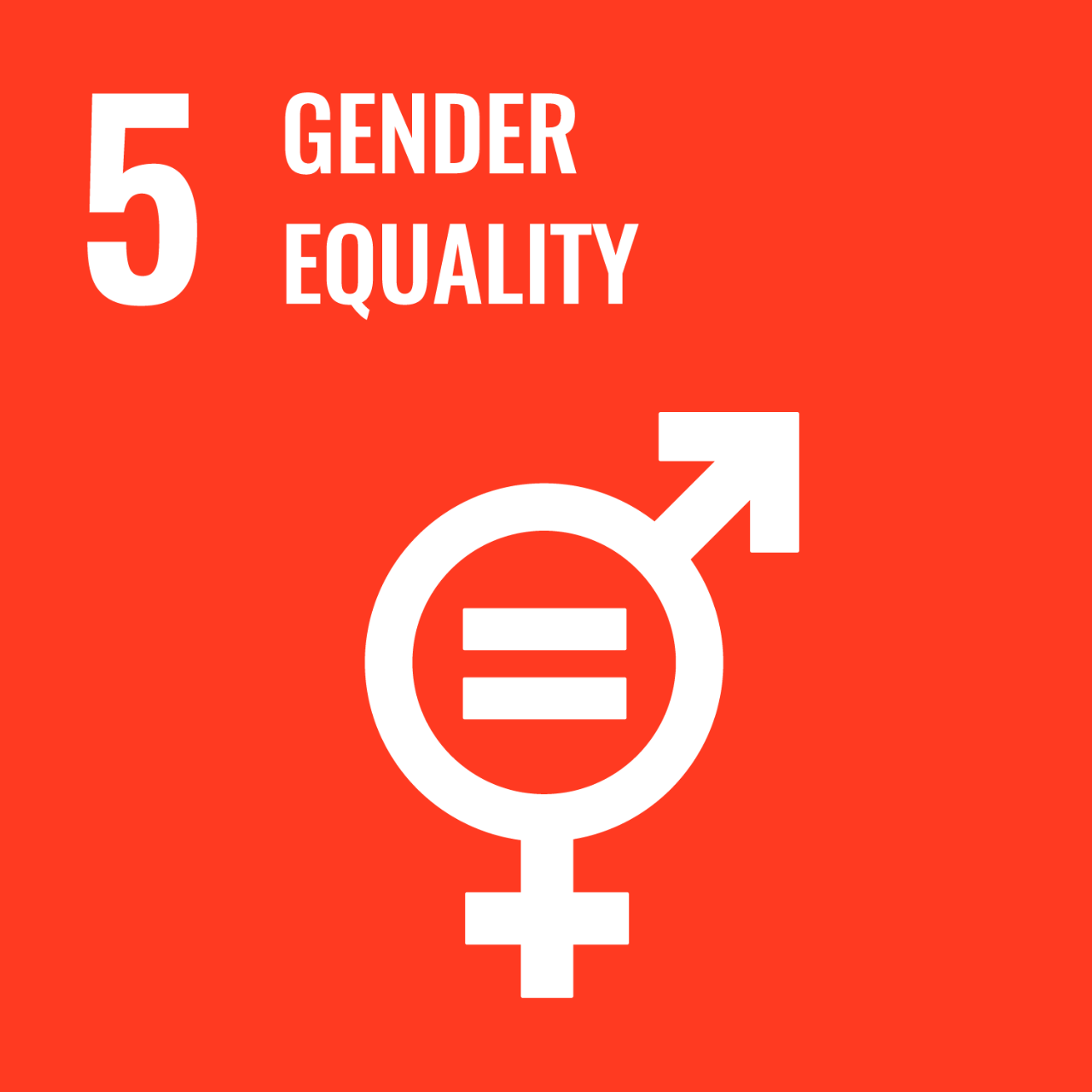 Dark orange icon with graphic of gender symbol and equal sign to represent UNSDG Goal 5: Gender Equality.