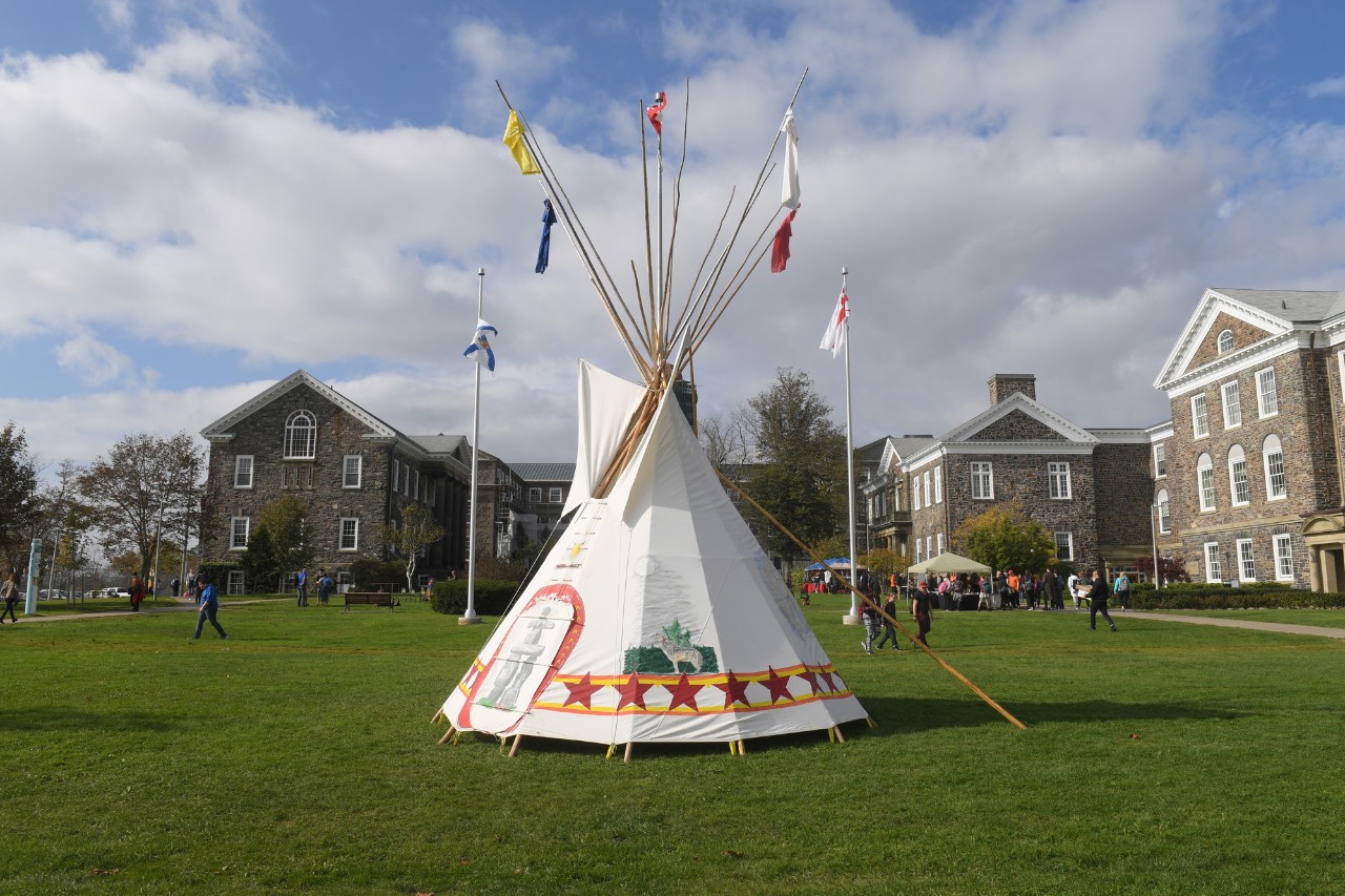 Traditional wigwam set up on Dal's Studley quad in Kjipuktuk (Halifax)