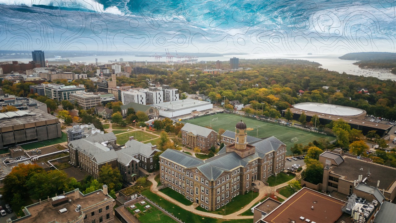 An arieal view of Dalhousie's Studley campus with the Northwest Arm in the background.