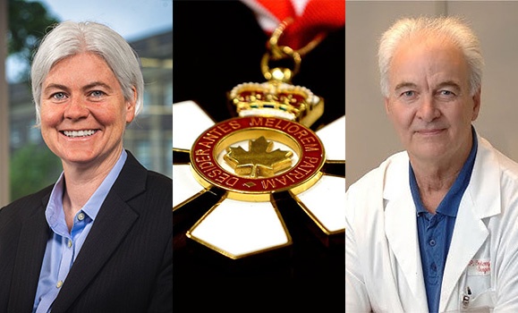 Headshots of Kim Brooks (left) and Pat Croskerry (right) with an Order of Canada medal in the middle. The medal has a gold maple leaf in the middle, a red ring, and white petals with a crown on top.
