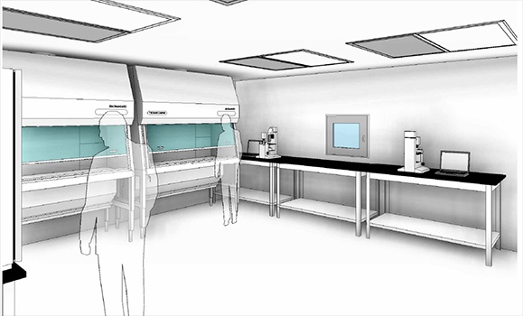 Black and white sketched images of a lab.
