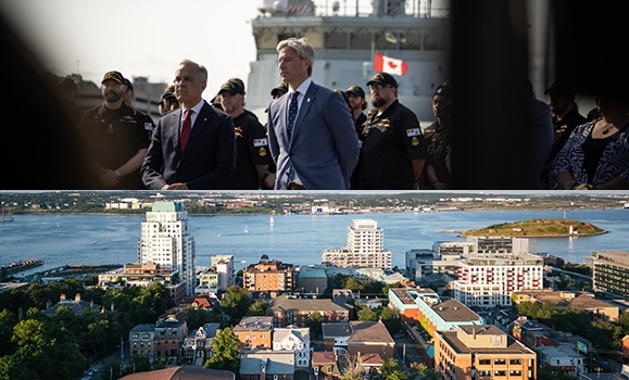 Above: A photo of Tim Houston and Mark Carney with a ship builders and a ship behind them.