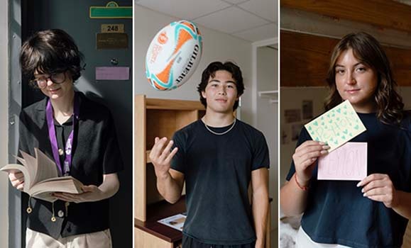 Three individual shots of students holding items from home - a book, rugby ball, and letter.