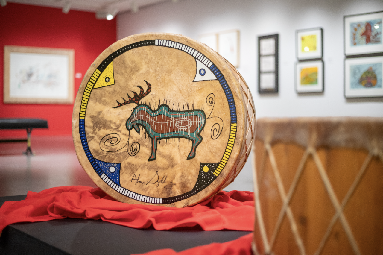 painted drum by Alan Syliboy on display