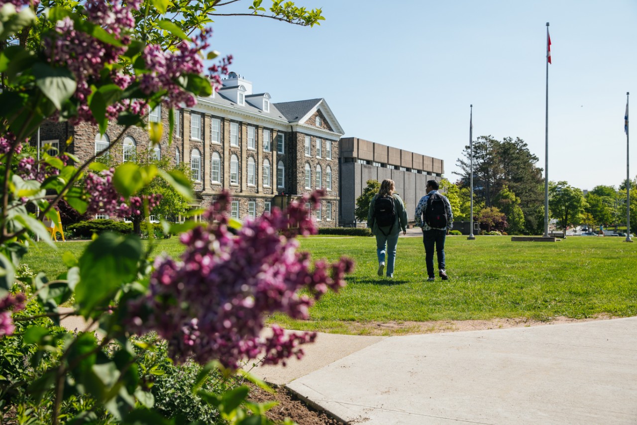 two students walking in Studley Quad by blooming lilacs