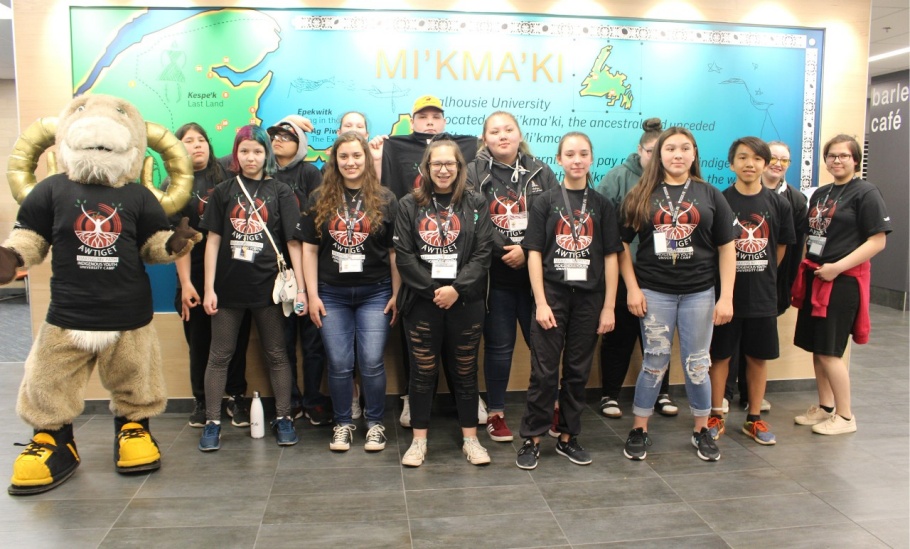 Group of young students pose with Rocky the Ram mascot.