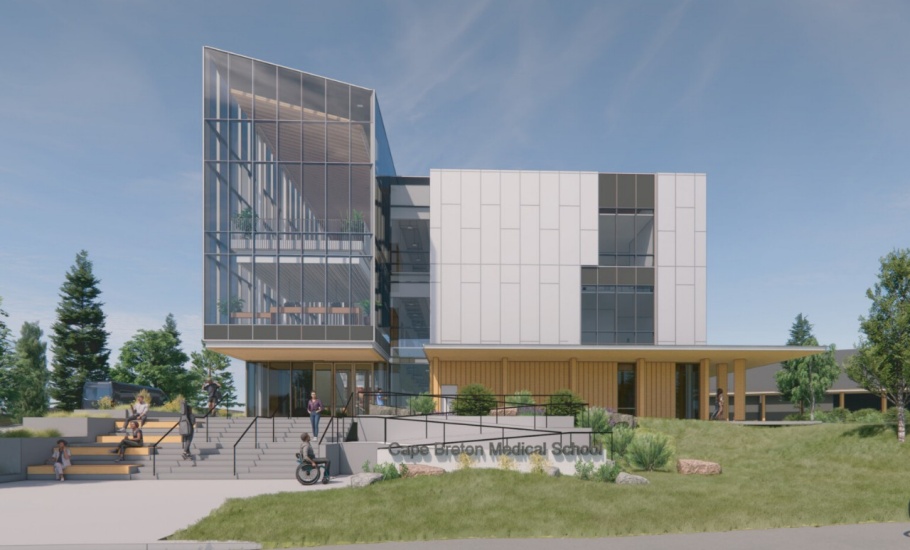 Modern building with a glass tower next to a white form.