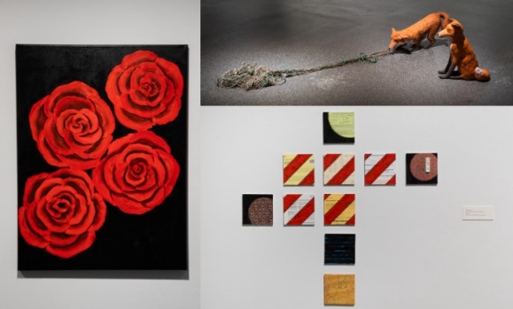  A gallery wall displaying multiple artworks, including a painting of four red roses, a photograph of two foxes pulling on a rope, and a geometric arrangement of small abstract pieces.