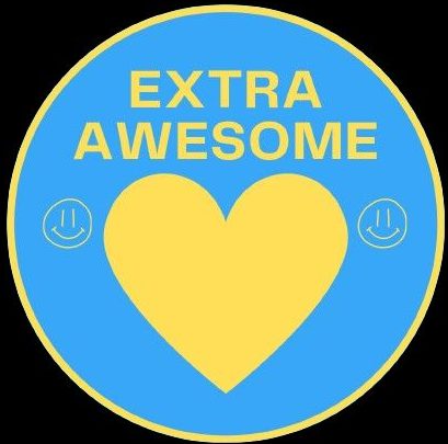 Blue circle with the words "Extra Awesome" above a yellow heart flanked by smiley faces.