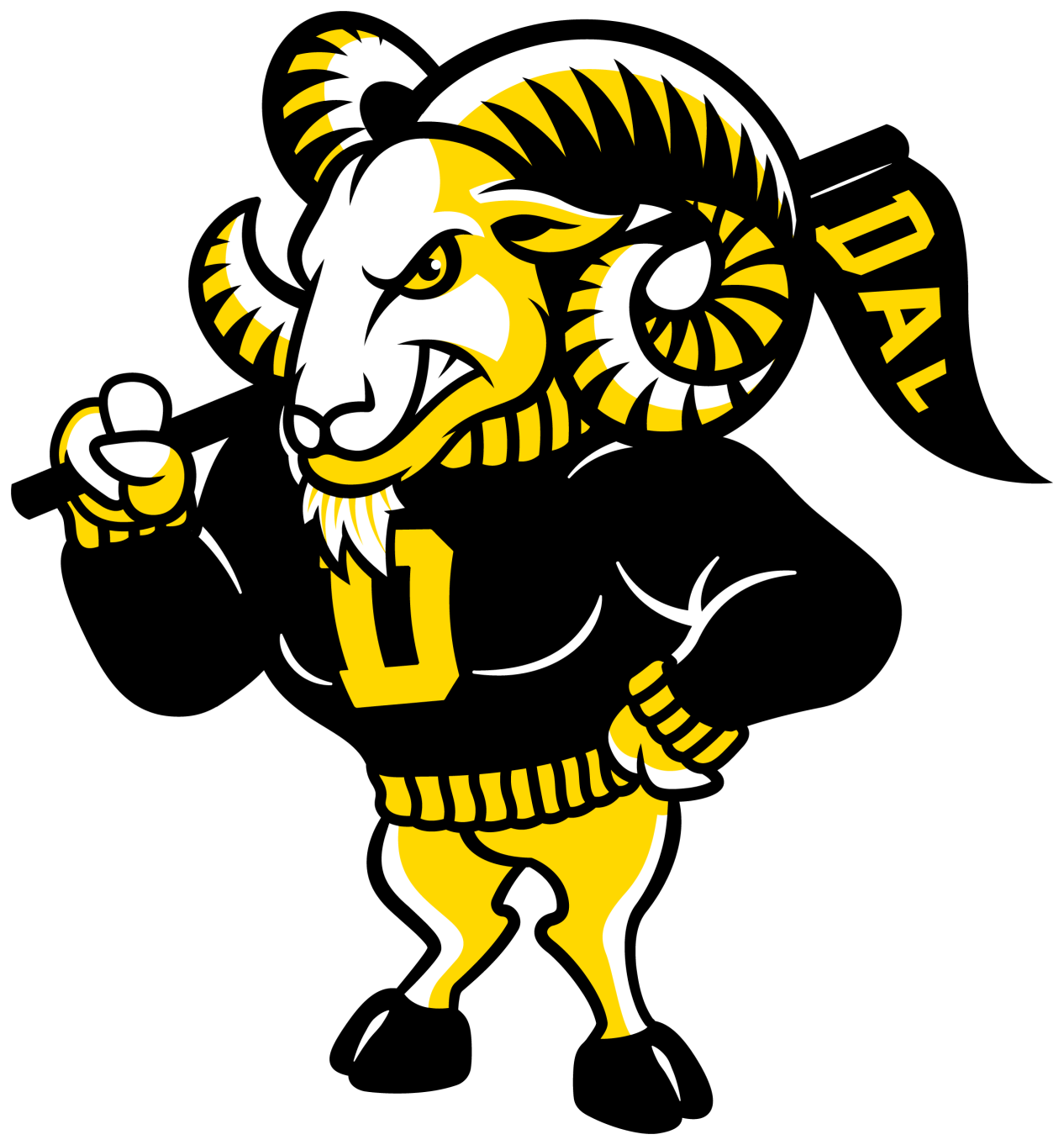 A muscular cartoon ram with yellow and black markings, wearing a sweater, holds a flag with "DAL," showcasing school spirit.