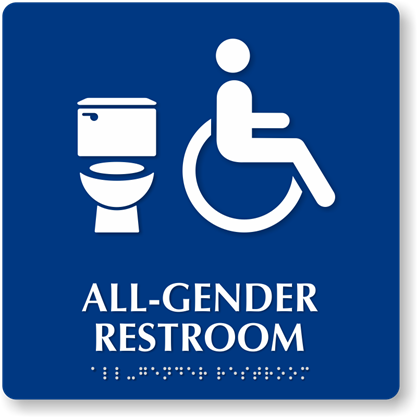 Blue and white all-gender restroom sign.