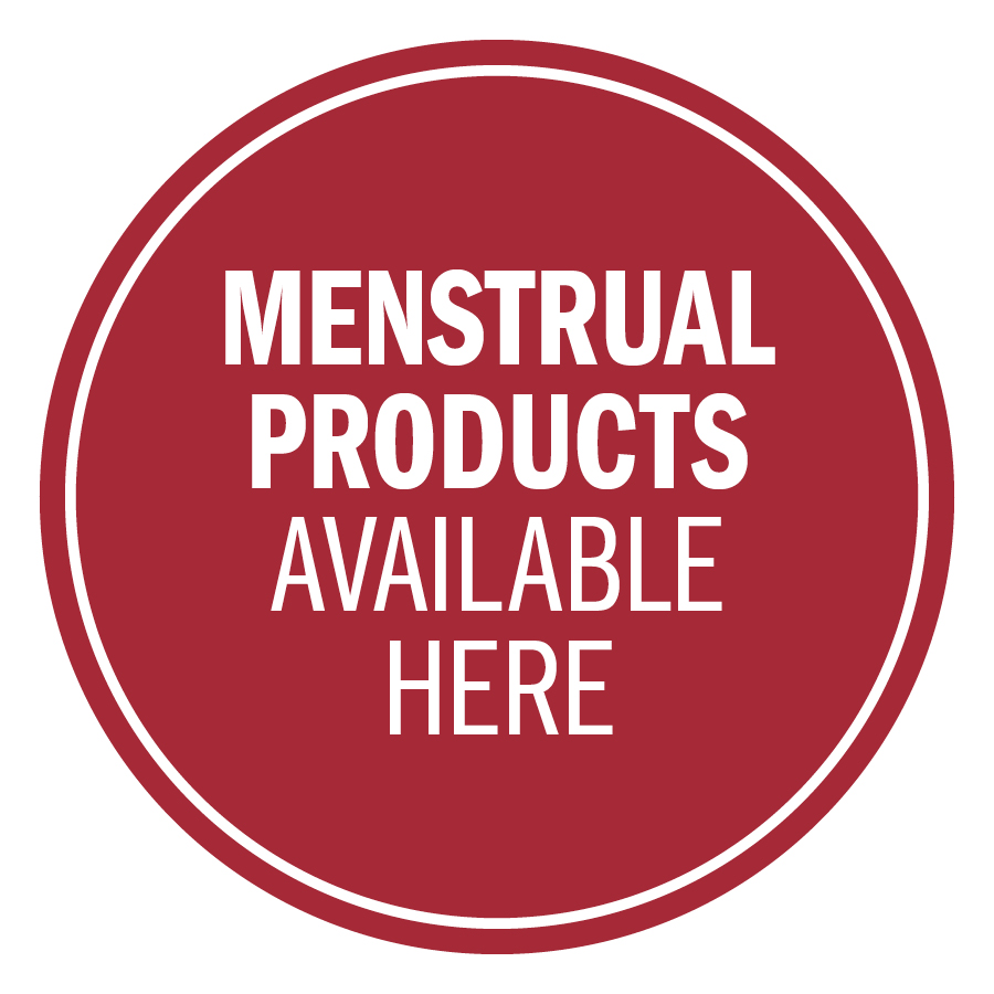 Menstrual products available here on a red round background.