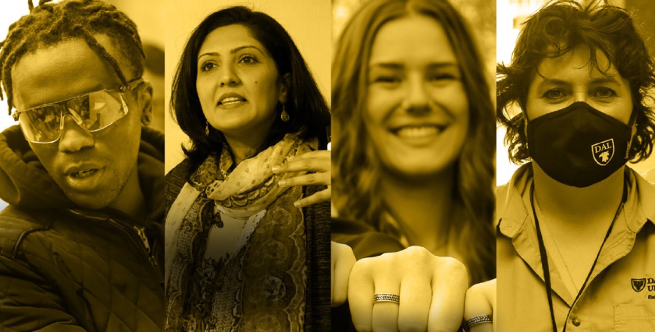 Collage with gold overlay showing four portraits of people at Dalhousie.