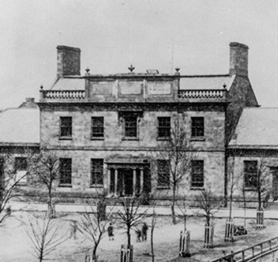 A historic black and white photo of a Dalhousie University building.