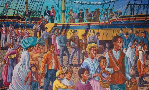 A painting by artist Richard Rudnick of Black Refugees arriving in Halifax from the United States in 1814.