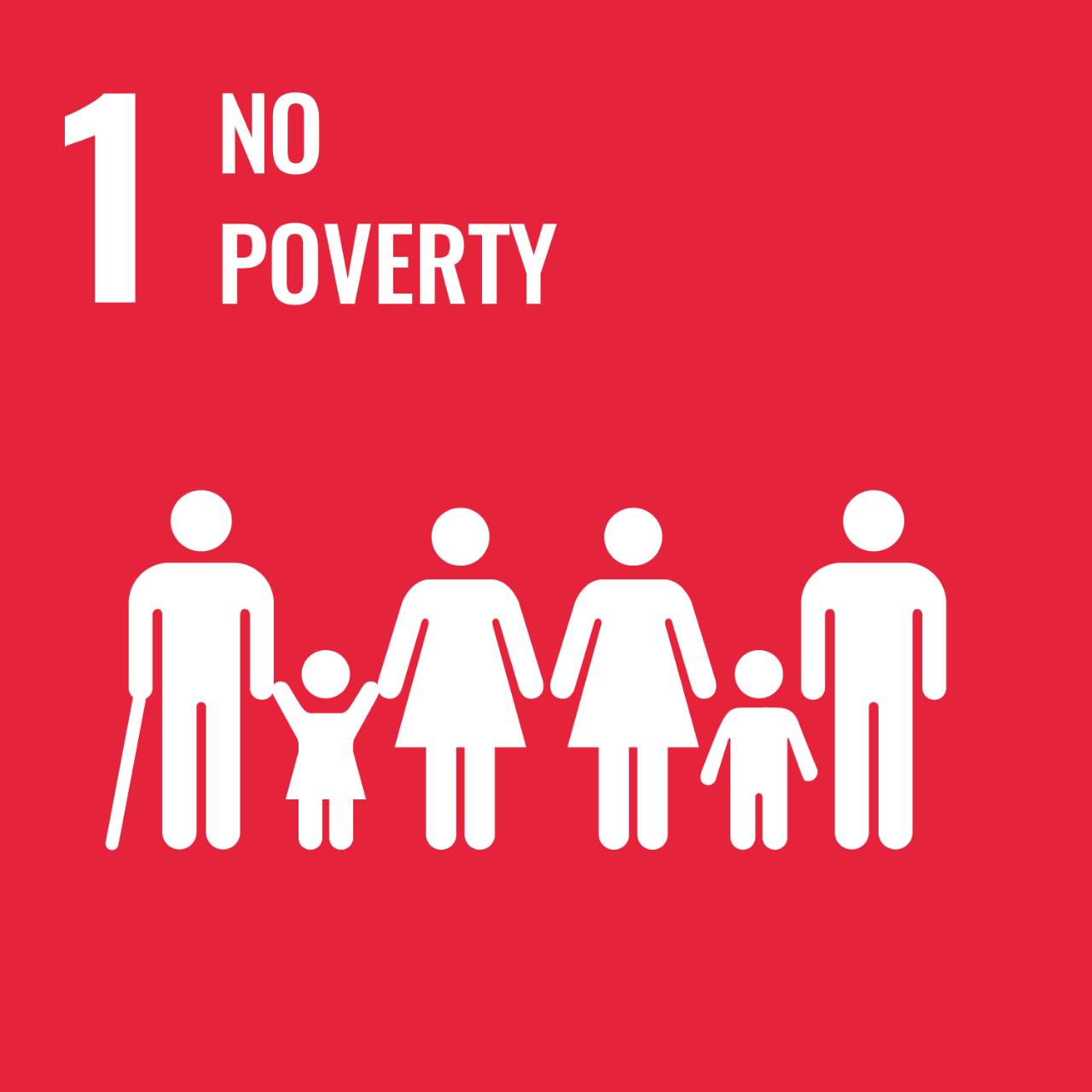 Red icon with graphic of people to represent UNSDG Goal 1: No Poverty.