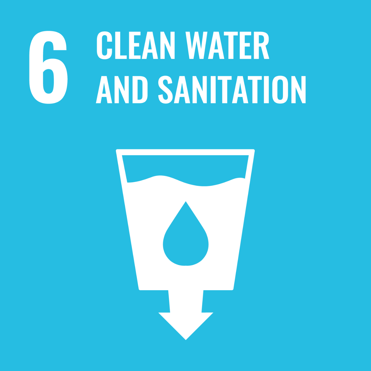 Blue icon with graphic of water glass with arrow to represent UNSDG Goal 6: Clean Water and Sanitation.