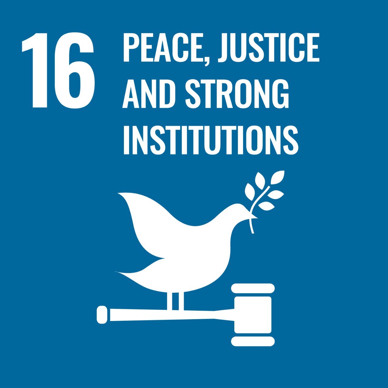 Blue icon with graphic of dove on gavel to represent UNSDG Goal 16: Peace, Justice and Strong Institutions.