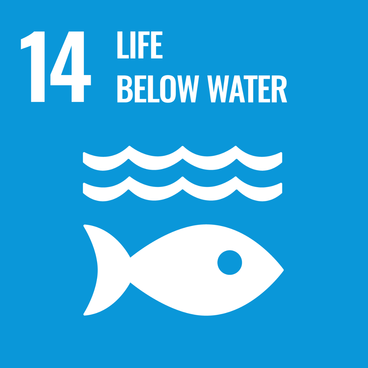 Blue icon with graphic of fish under waves to represent UNSDG Goal 14: Life Under Water.
