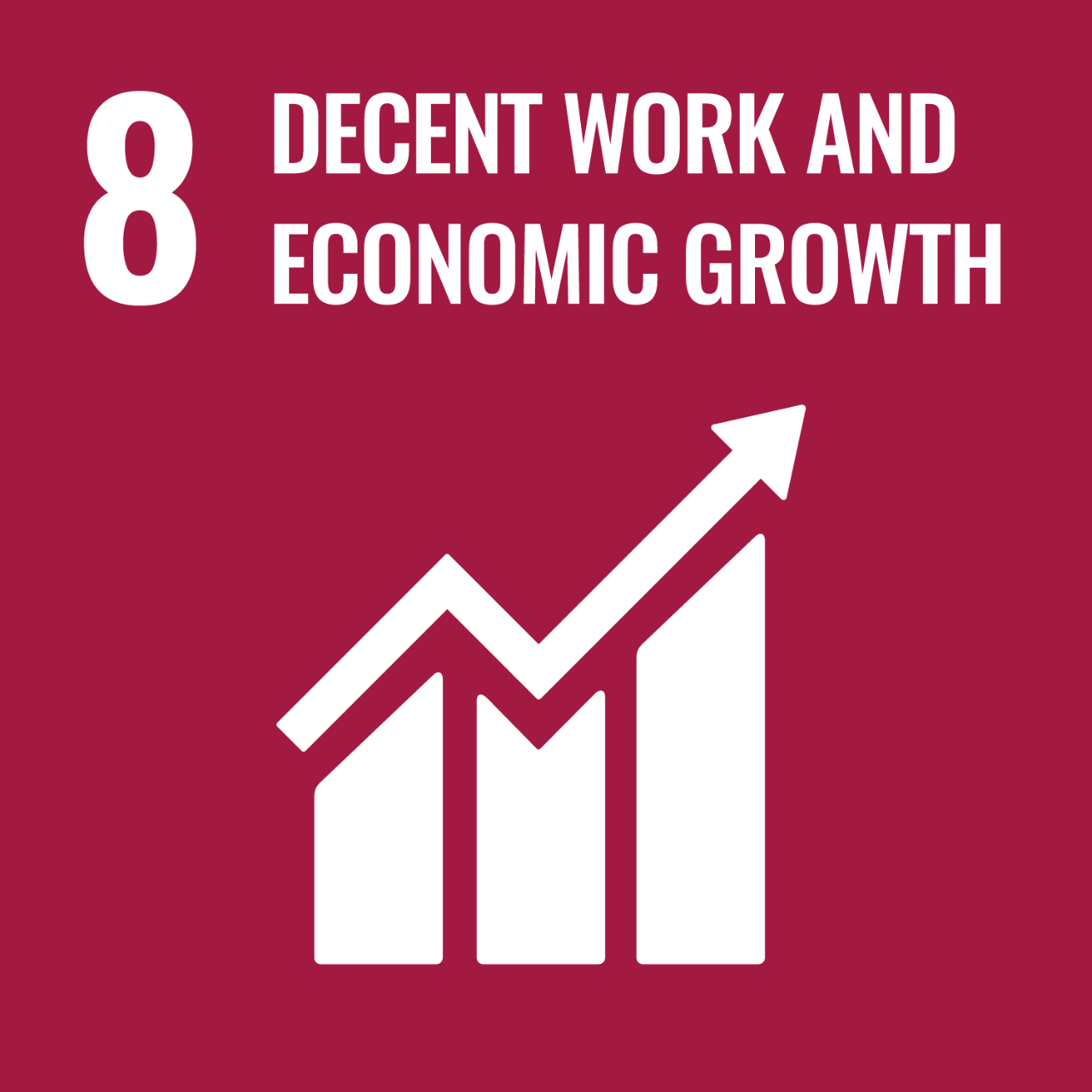 Dark red icon with graphic of growth chart to represent UNSDG Goal 8: Decent Work and Economic Growth.