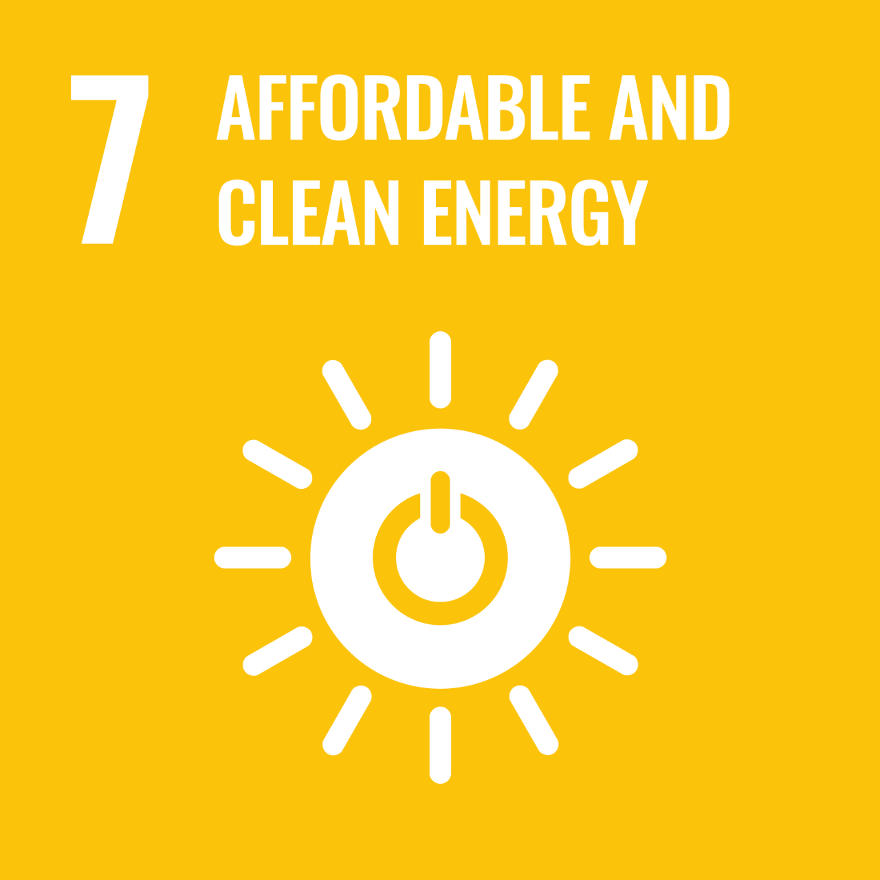 Yellow icon with graphic of sun and power symbol to represent UNSDG Goal 7: Affordable and Clean Energy.