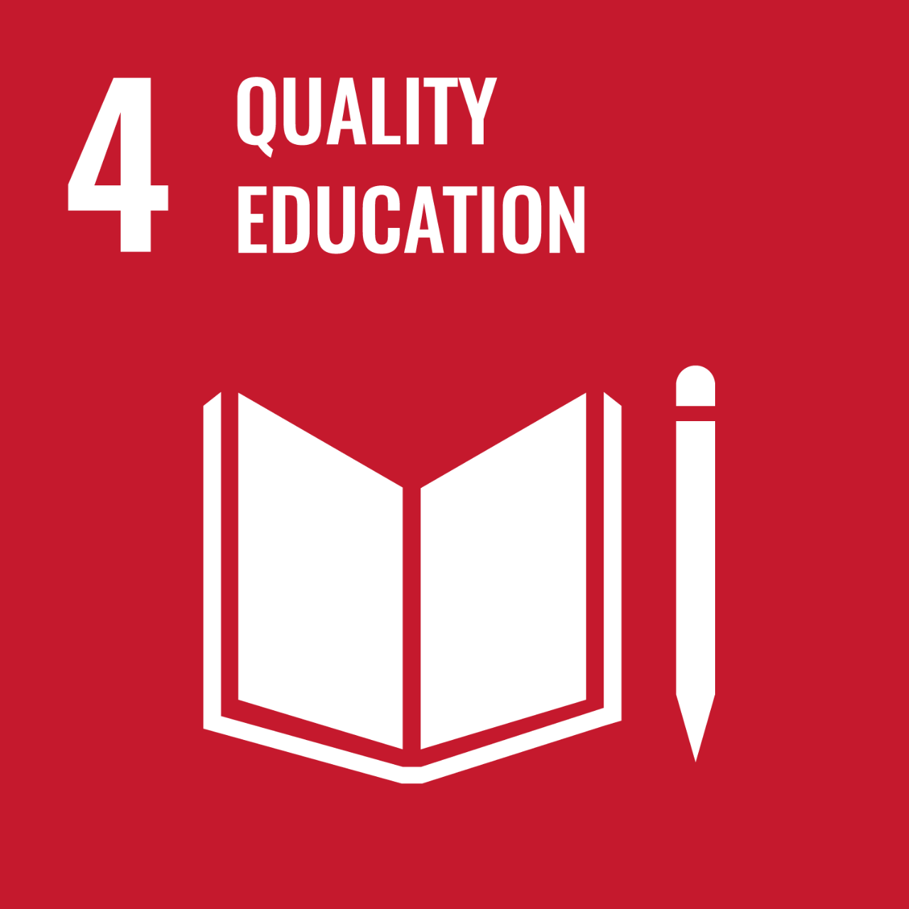 Red icon with graphic of book and pencil to represent UNSDG Goal 4: Quality Education.