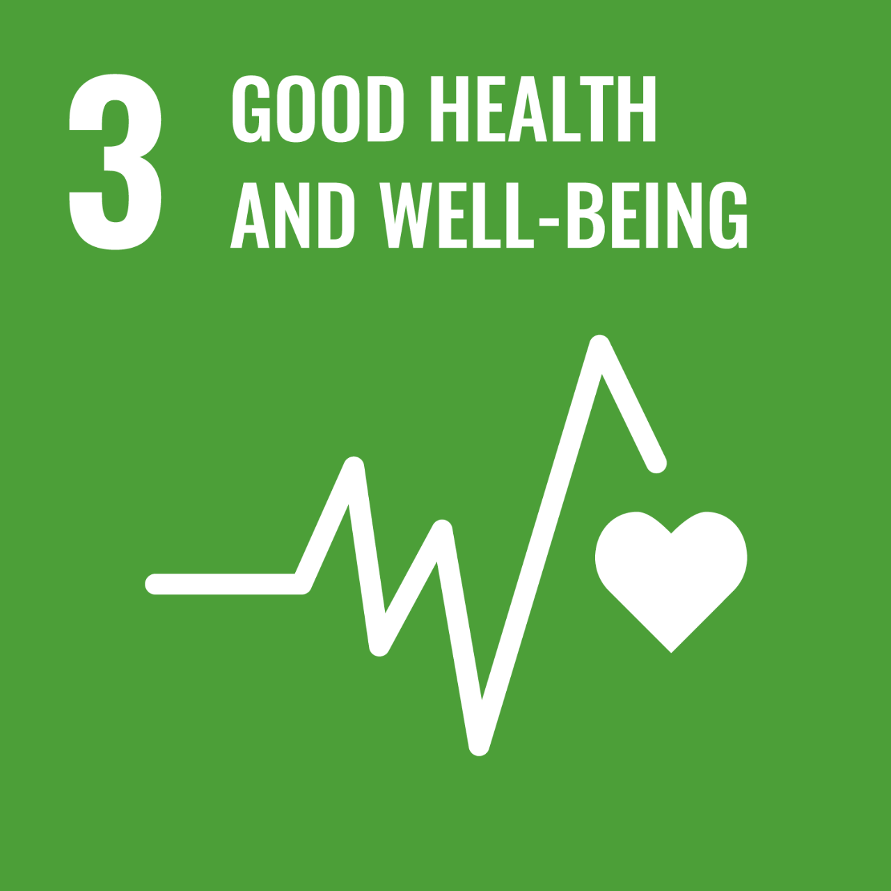 Green icon with graphic of EKG waves and heart to represent UNSDG Goal 3: Good Health and Well-being.