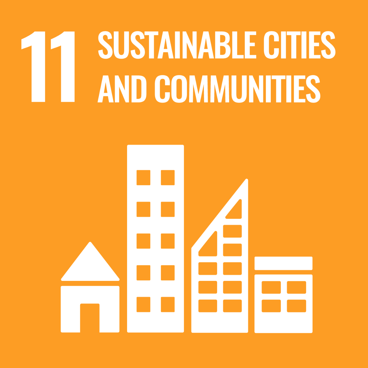 Orange icon with graphic of buildings to represent UNSDG Goal 11: Sustainable Cities and Communities.