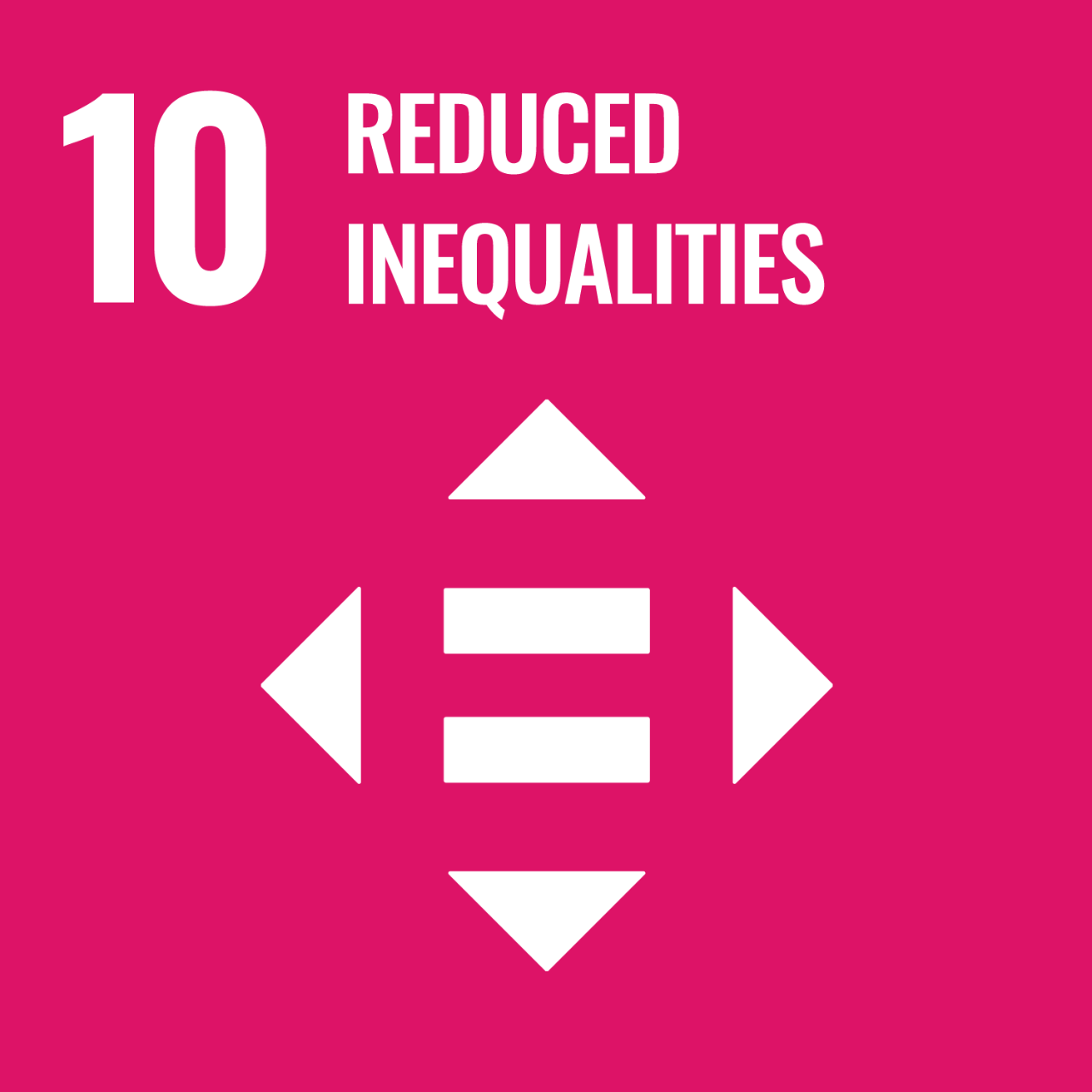 Pink icon with graphic of equal sign and arrows to represent UNSDG Goal 10: Reduced Inequalities.