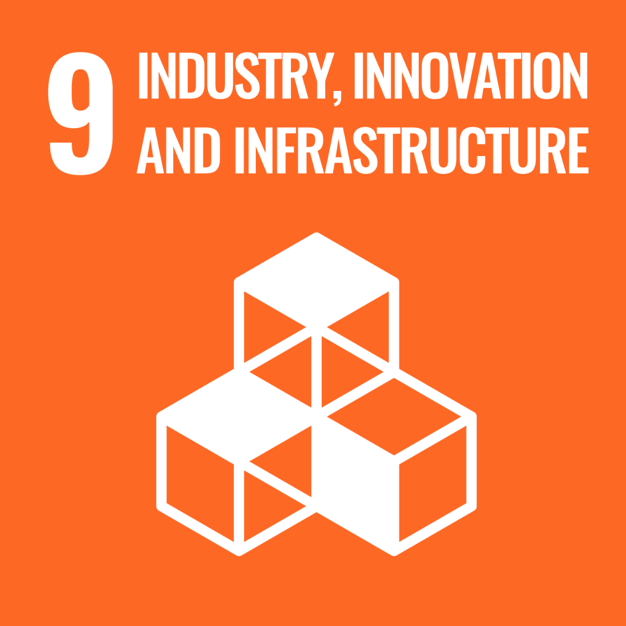 Orange icon with graphic of blocks to represent UNSDG Goal 9: Industry, Innovation and Infrastructure.