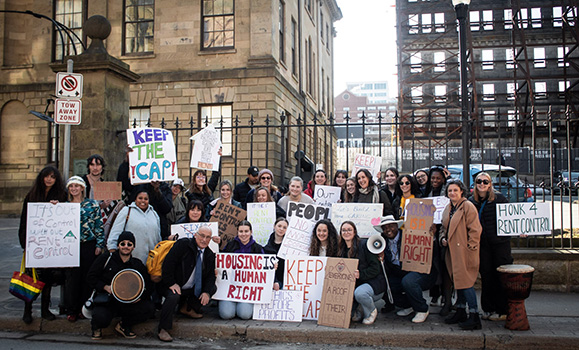 Students are joined by MLA Gary Burrill and MLA Suzy Hansen at a protest last month outside the Nova Scotia legislature. 