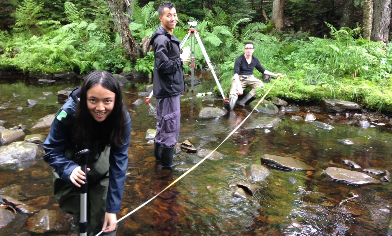 Students doing field work in a river. 