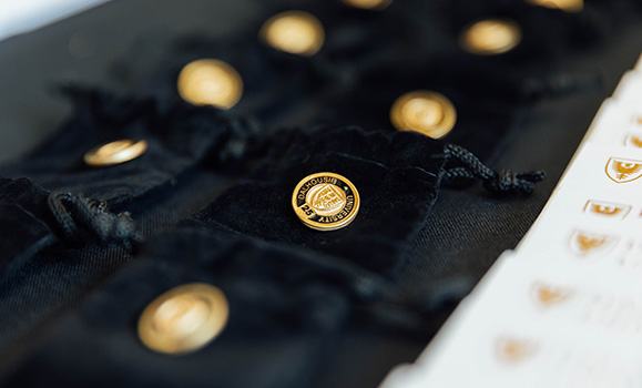 Black and gold pins on black velvet. 