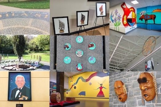 Nine images of art on campus - a welcome circle, framed images of peaked hats, a colourful mural, an outdoor garden, seven circular paintings, a dreamcatcher, portrait, and Indigenous masks.