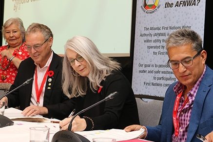 Five people are sitting along a table on a stage. A projector screen and 'What is the AFNWA?' banner are in the background. 