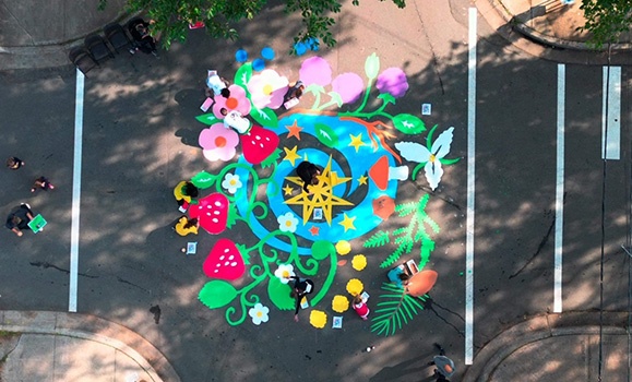 Overhead view of the new Larch and Jennings street mural. (Photo by John van Gurp)