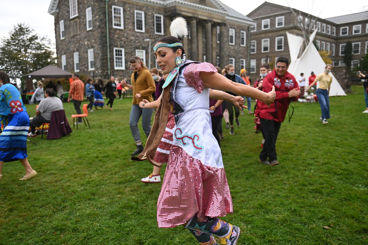 Dancers on the quad at the 11th annual Mawio’mi held October 2021