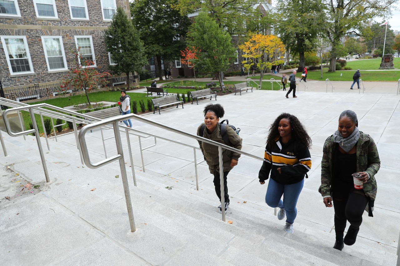 Three students walk up steps at Henry Hicks 