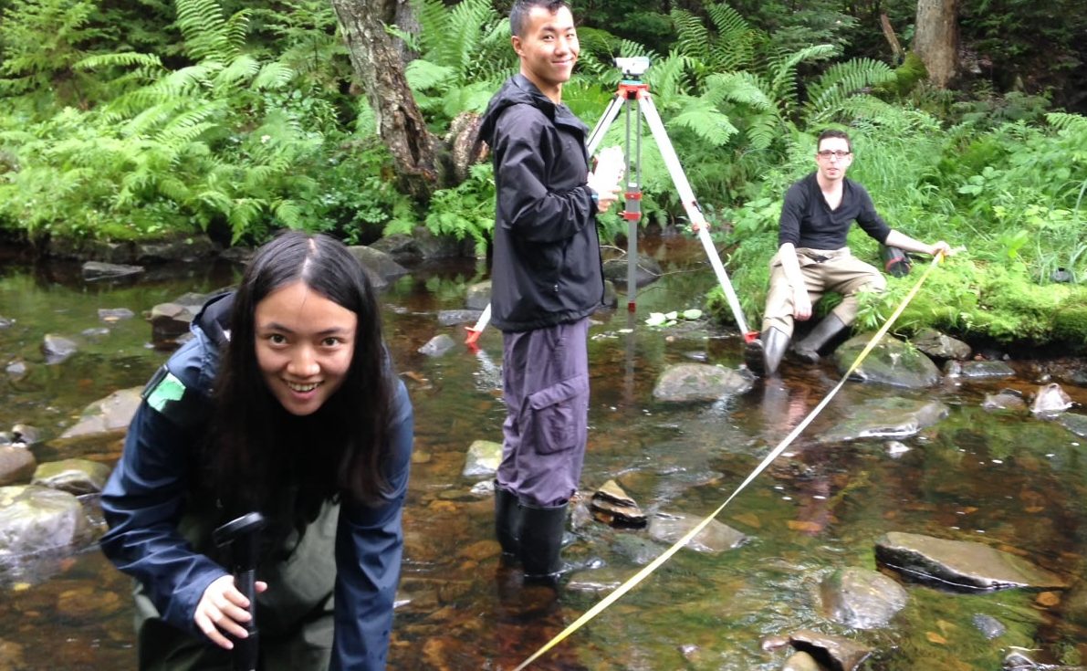 Students doing field work in a river. 