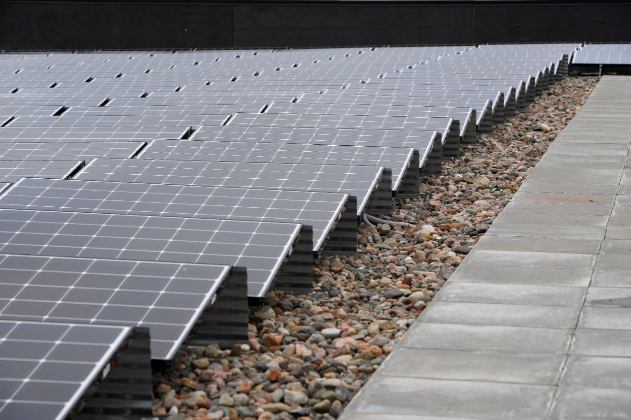 Rows of solar panels on a stone and gravel. 