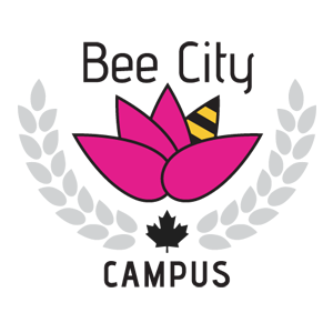 Iconoraphic logo of a black and yellow bee on a pink flower with the words Bee City Campus.