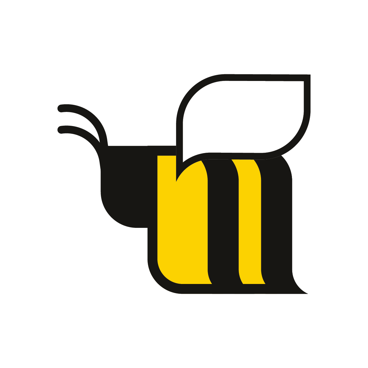 A black, white, and yellow icon of a bee. 