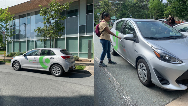 Split photo: on the left, a parked silver car with a Communauto Flex logo on the side, on the right, two students opening the doors of a silver car in a parking lot.