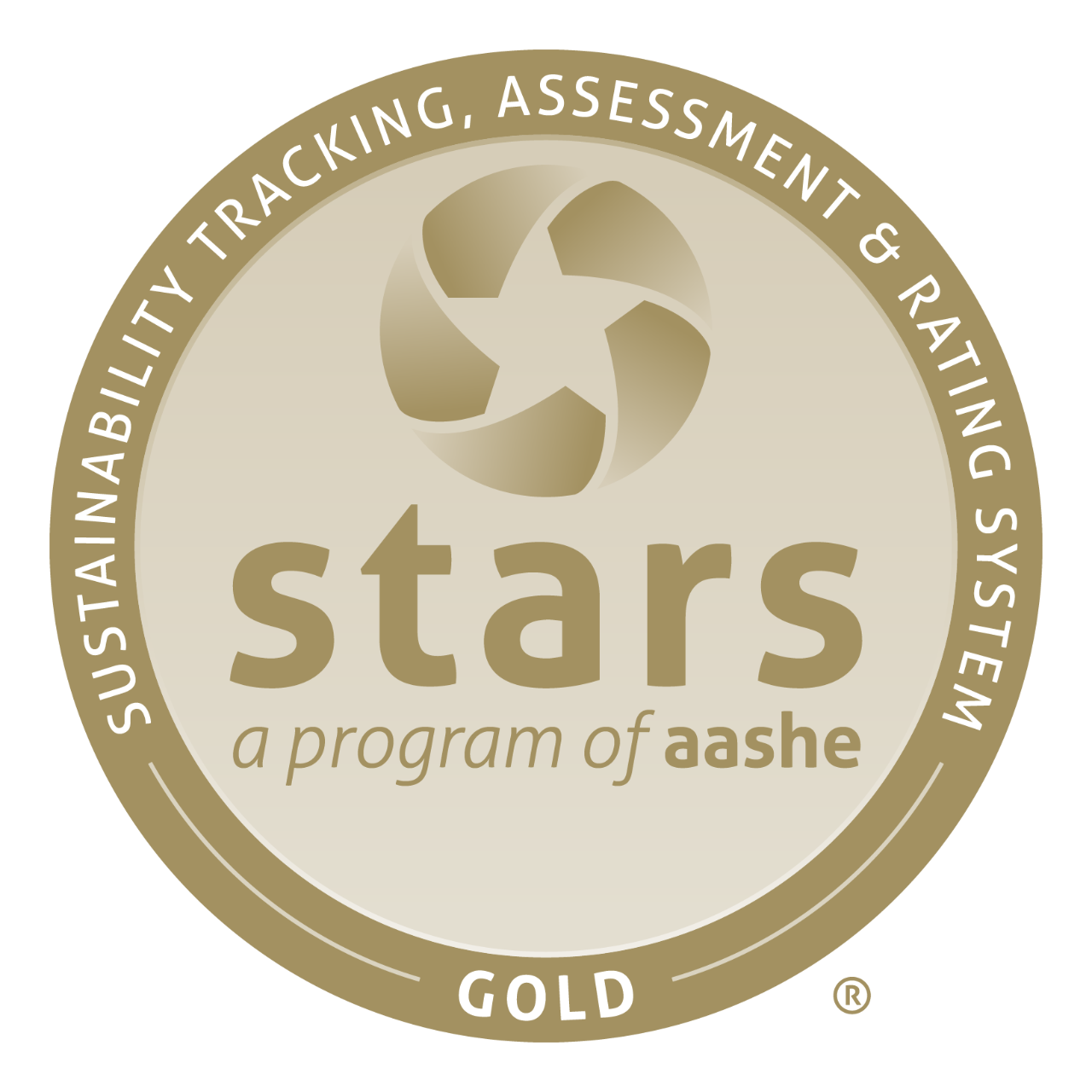 A circular gold seal reads "sustainability tracking, assessment & rating system - gold" with a logo saying "stars a program of aashe" in the center.