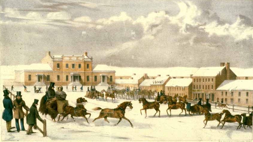 Historic painting of Dalhousie campus in winter, featuring a group of horses and riders in the foreground.